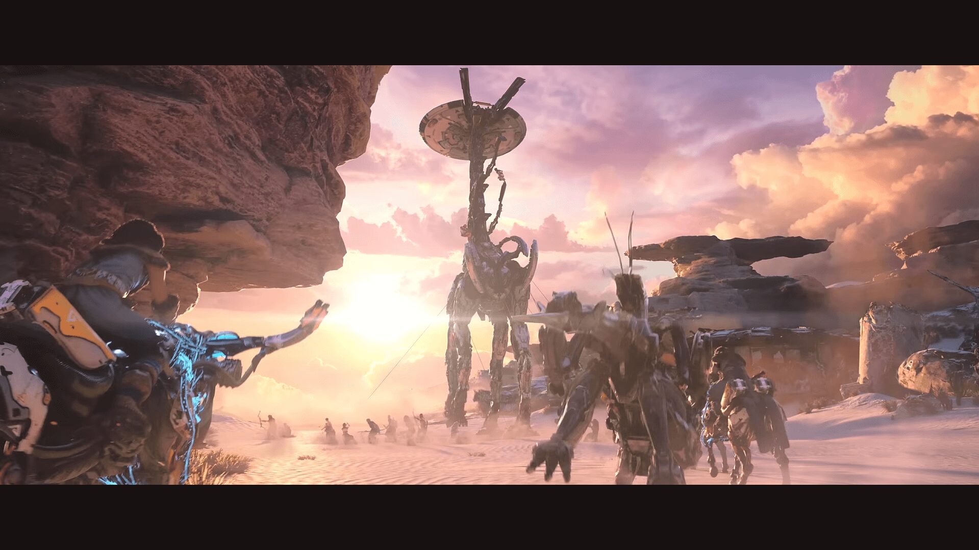 NCSOFTが発表した『Horizon Steel Frontiers』のロゴと、巨大な機械獣が跋扈する荒廃した世界観を示すイメージアート。