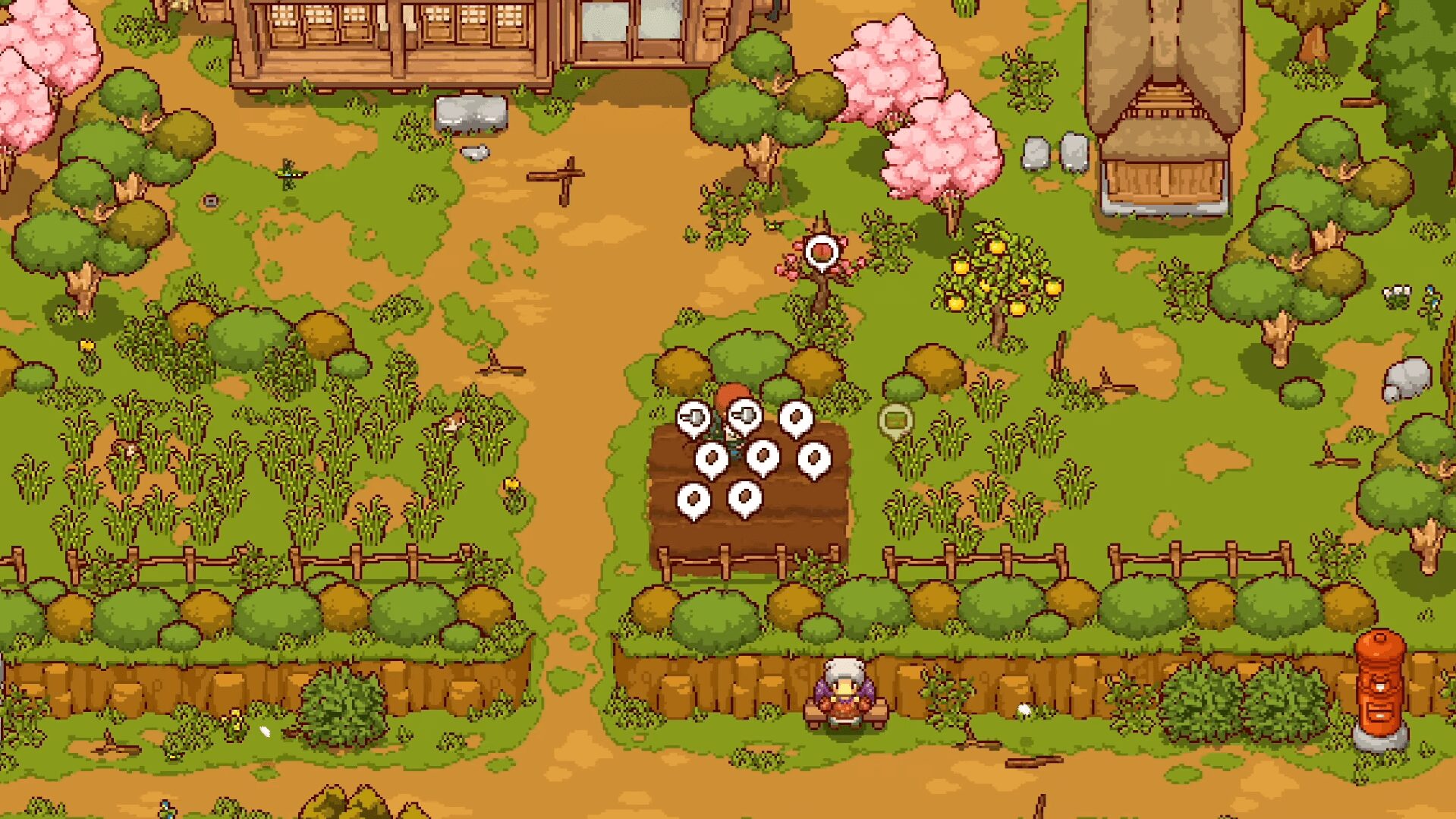 畑で農作業をするキャラクターの様子、『にほんの田舎ぐらし』のゲームプレイ画面