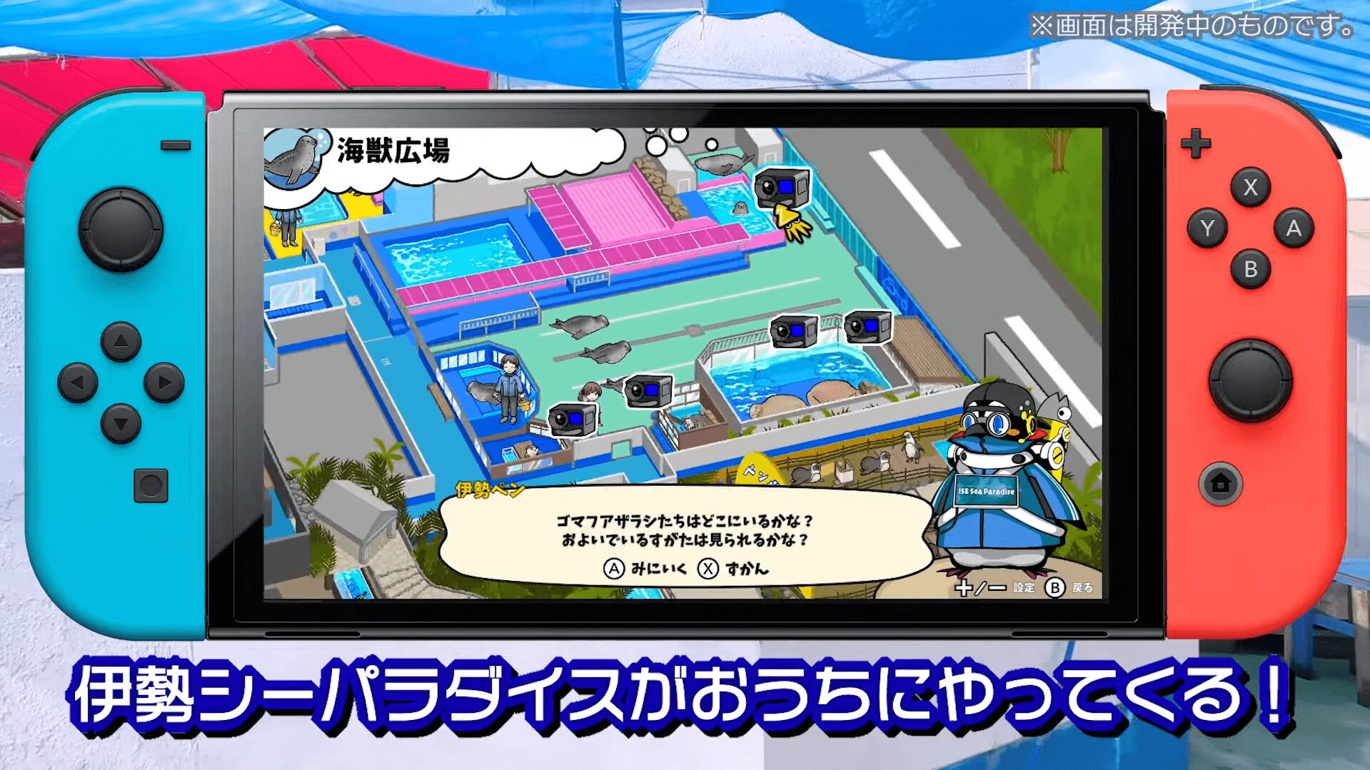 実際の伊勢シーパラダイスの水槽展示の様子。多くの生き物が自由に泳ぎ回り、ゲーム『いつでも伊勢シーパラダイス』で再現されるリアルな水族館の雰囲気を伝える。