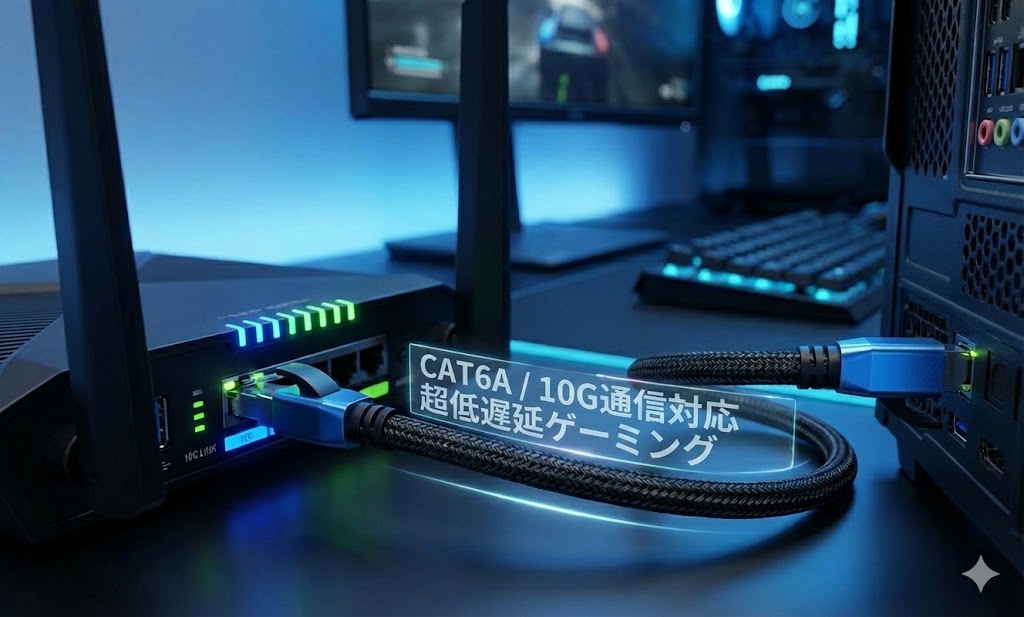 ゲーミング用LANケーブル(カテゴリー6A)の紹介。有線接続の重要性を強調。