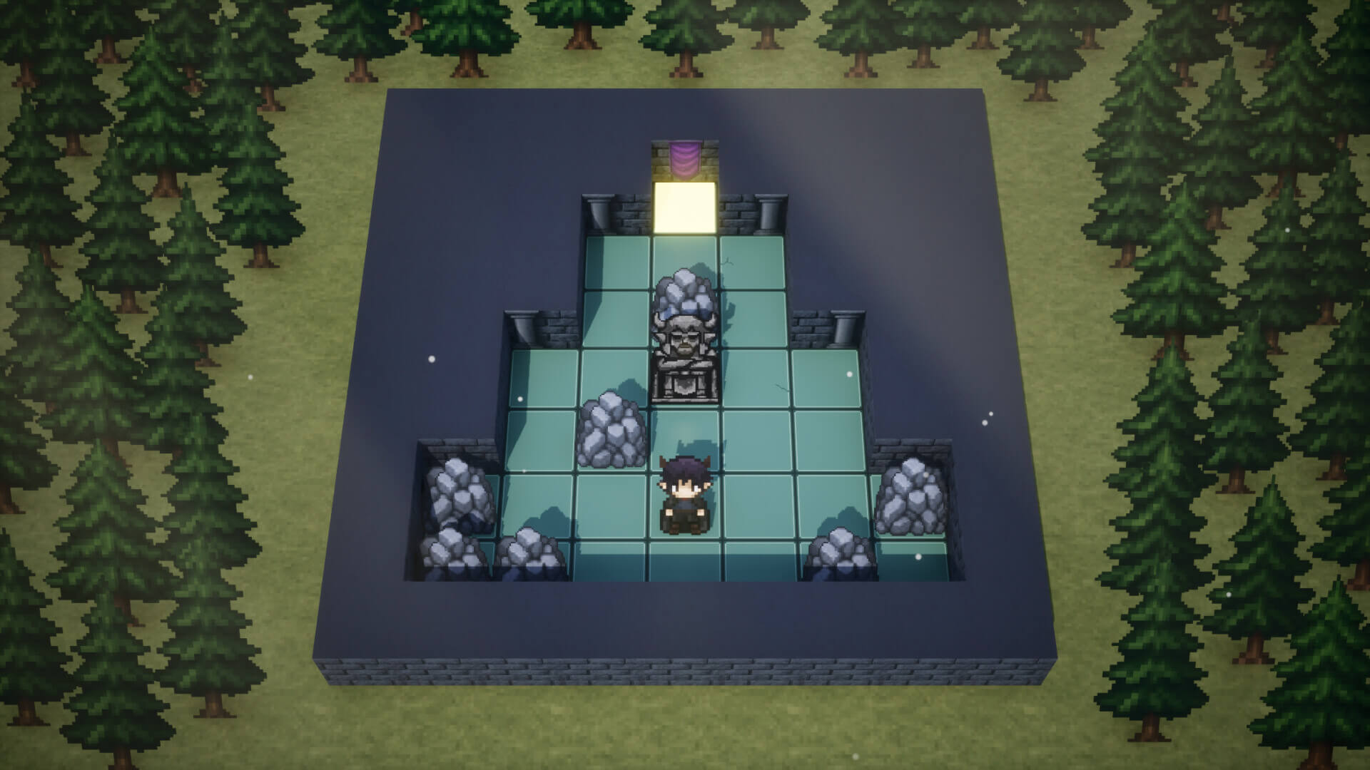 『魔王城修繕計画』のゲームプレイ画面、魔王像と瓦礫が光る床へ動かされる様子