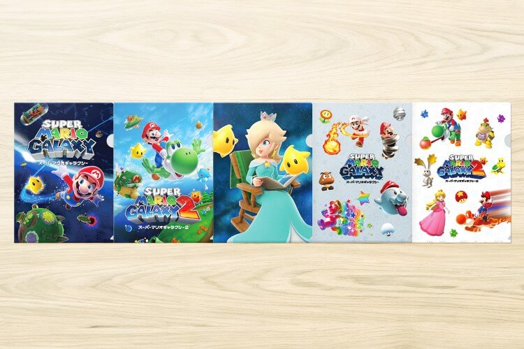 セブン-イレブンで配布されるスーパーマリオギャラクシーの限定クリアファイル（全5種）のデザイン画像