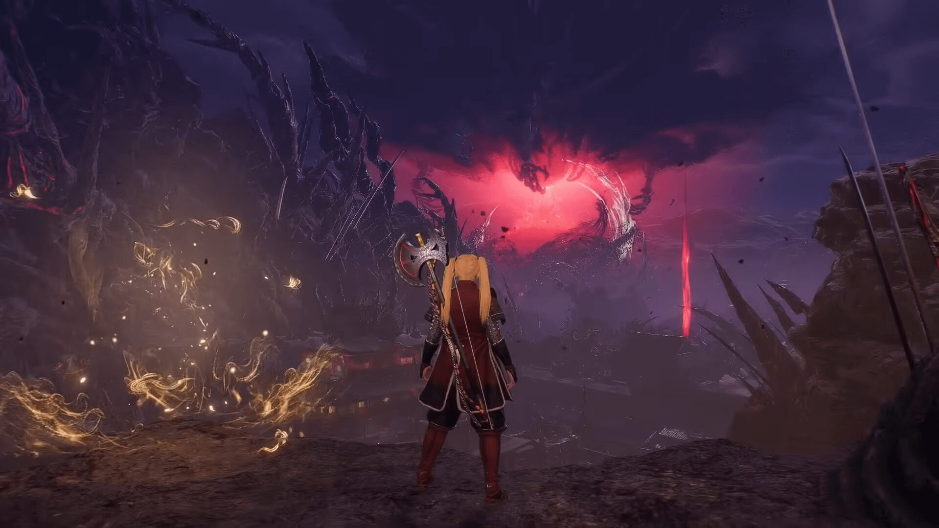 『仁王3』の幕末オープンフィールド。地獄に飲まれた島原遊郭を探索する主人公。