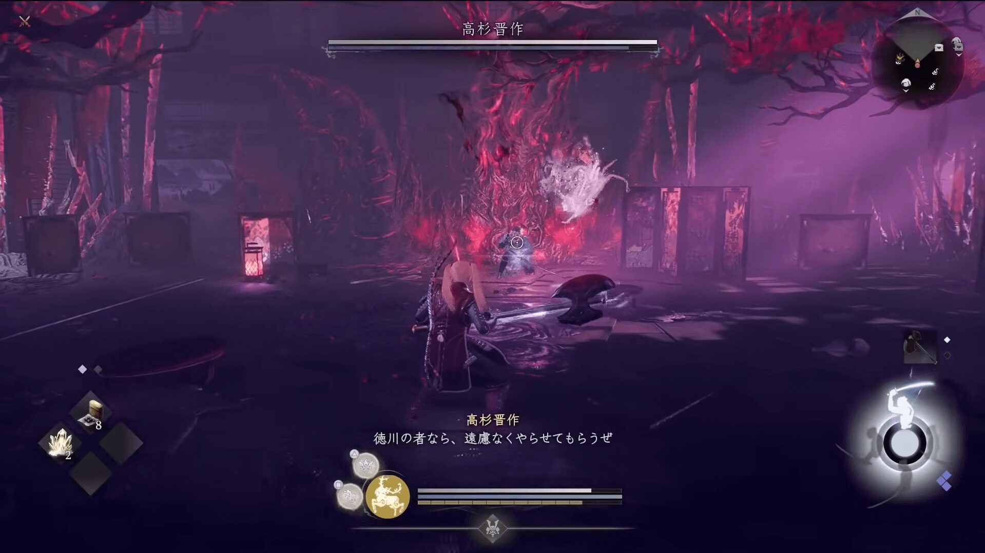 『仁王3』で高杉晋作とバトルする様子。Team NINJAらしい激しいアクションシーン。