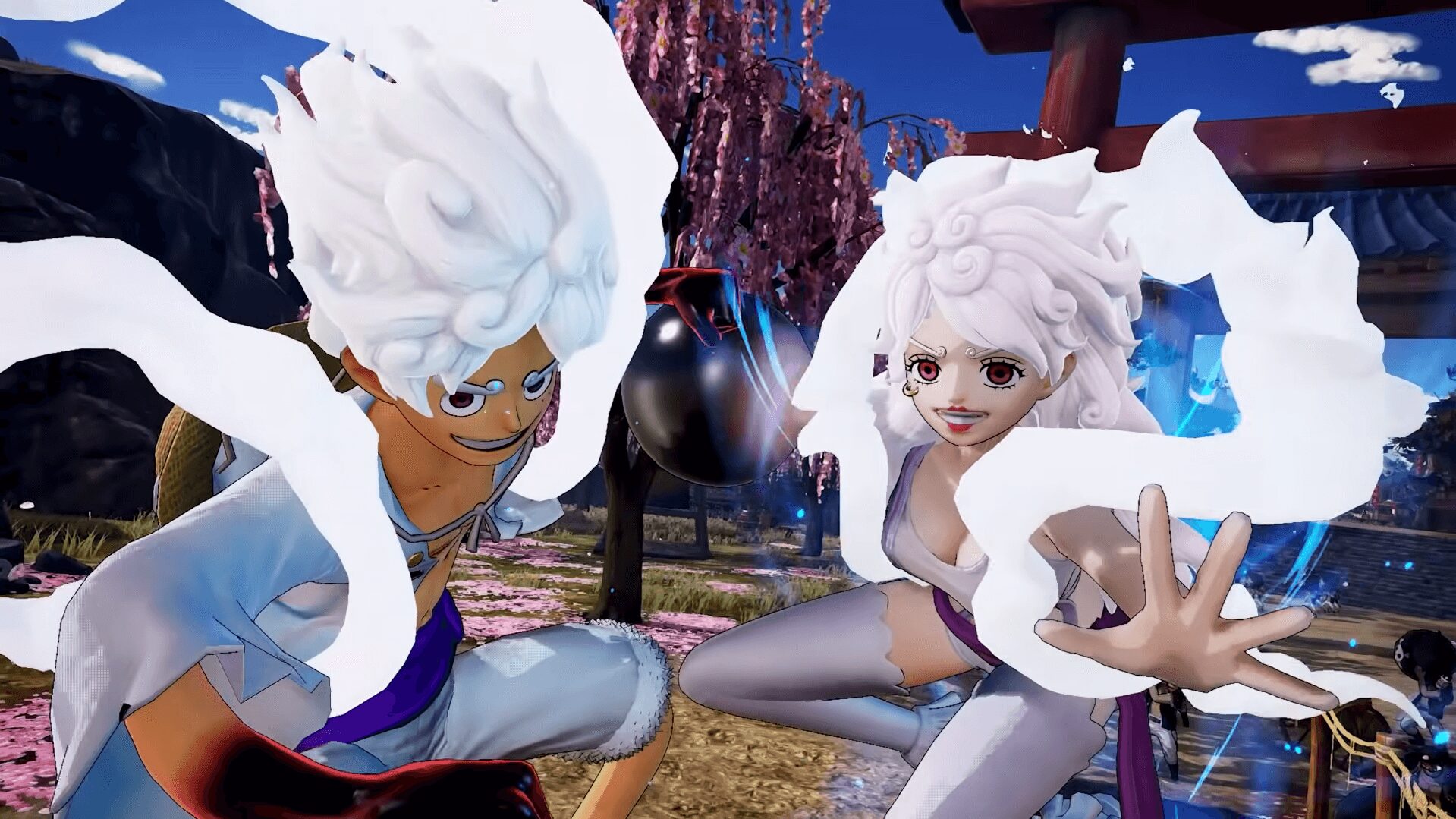 ワンピース海賊無双4でフォルムチェンジしたジュエリー・ボニーと、特殊技で共闘するギア5ルフィのゲーム画面