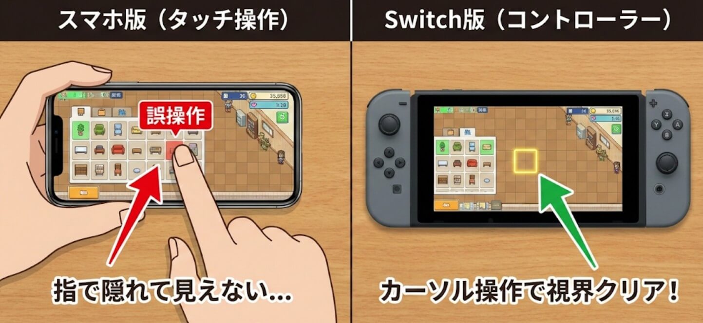 スマホ版の指被りとSwitch版のカーソル操作の比較