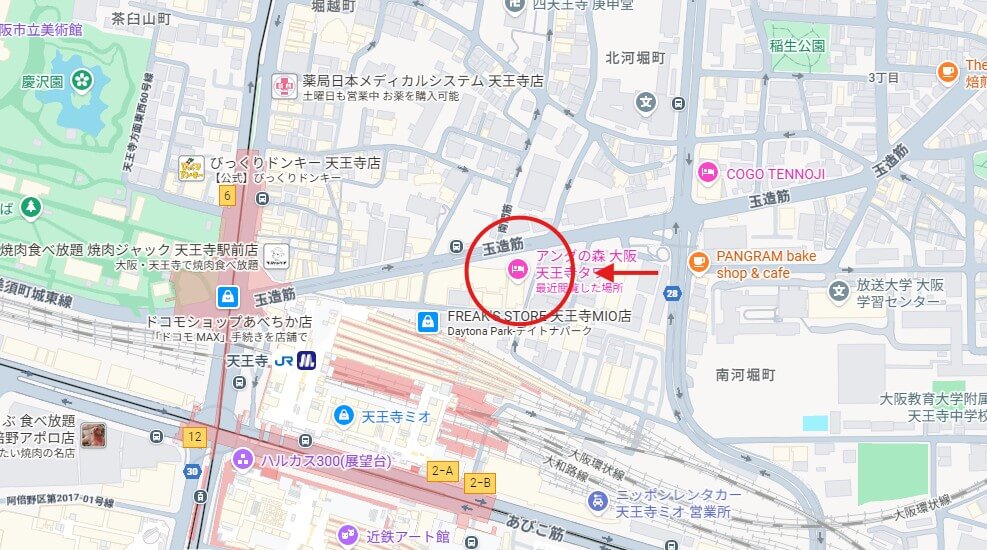 FF9コラボカフェ大阪が開催される天王寺エリアの地図イメージ