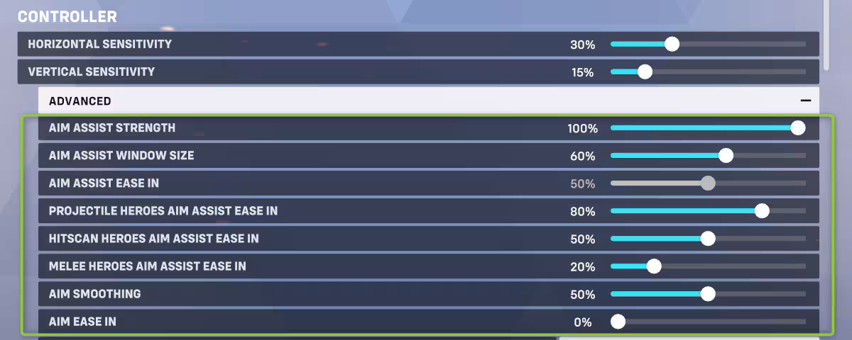 オーバーウォッチ2のエイムアシスト新設定画面。感度上昇遅延、追加感度ランプアップ時間、最大デッドゾーンでの水平・垂直感度の項目を分かりやすく表示。