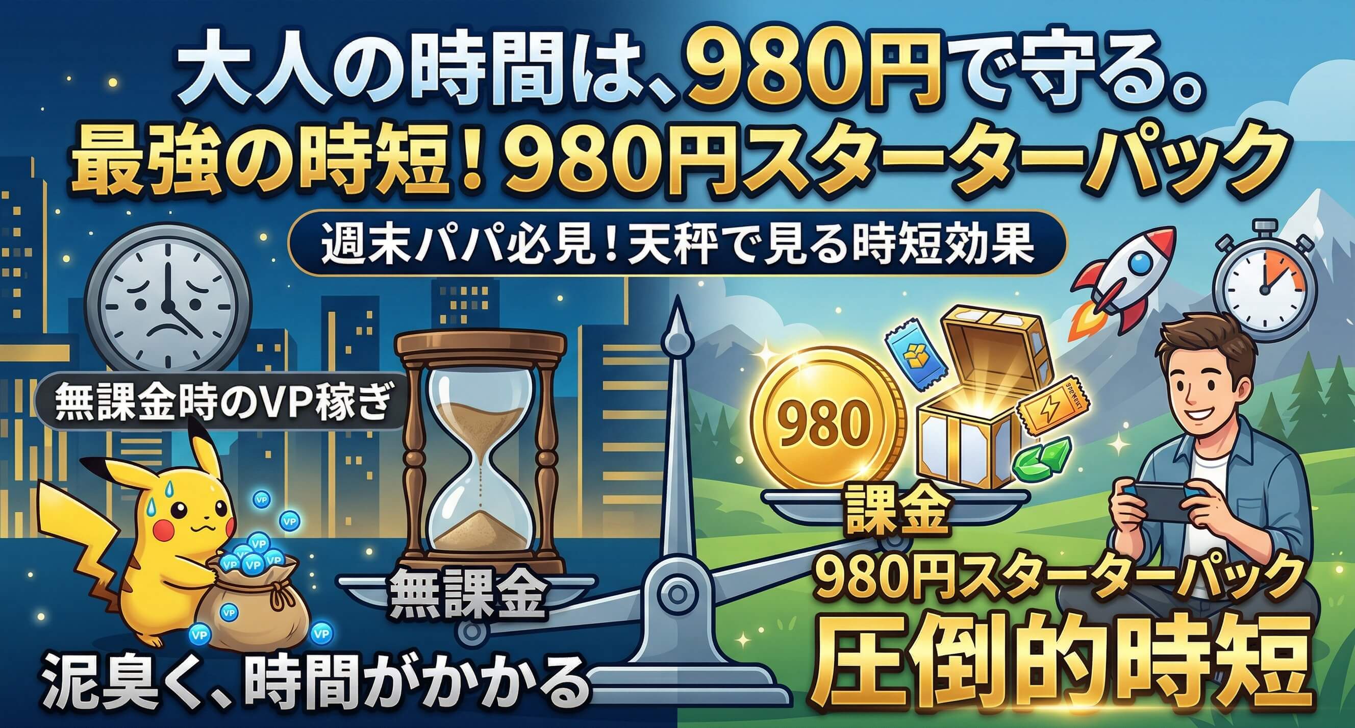 無課金時のVP稼ぎに必要な時間と、課金時の時短効果を比較する天秤のイラスト図解。