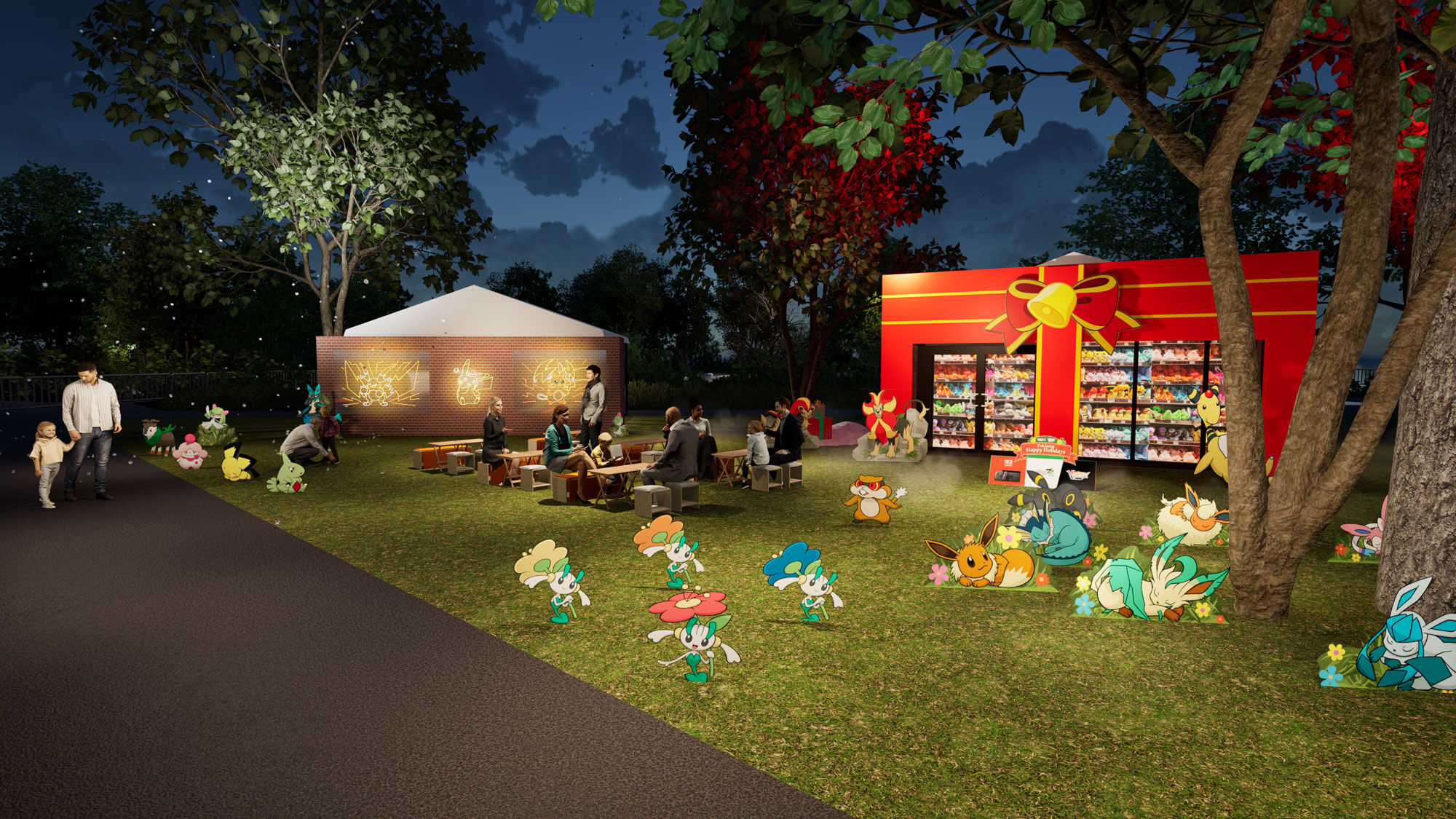 「メガプレゼントBOX」は、350体以上ものポケモンぬいぐるみがぎっしり詰まったフォトスポット。まるでポケモンの世界に招かれたような、ワクワク感あふれる空間を演出している様子。