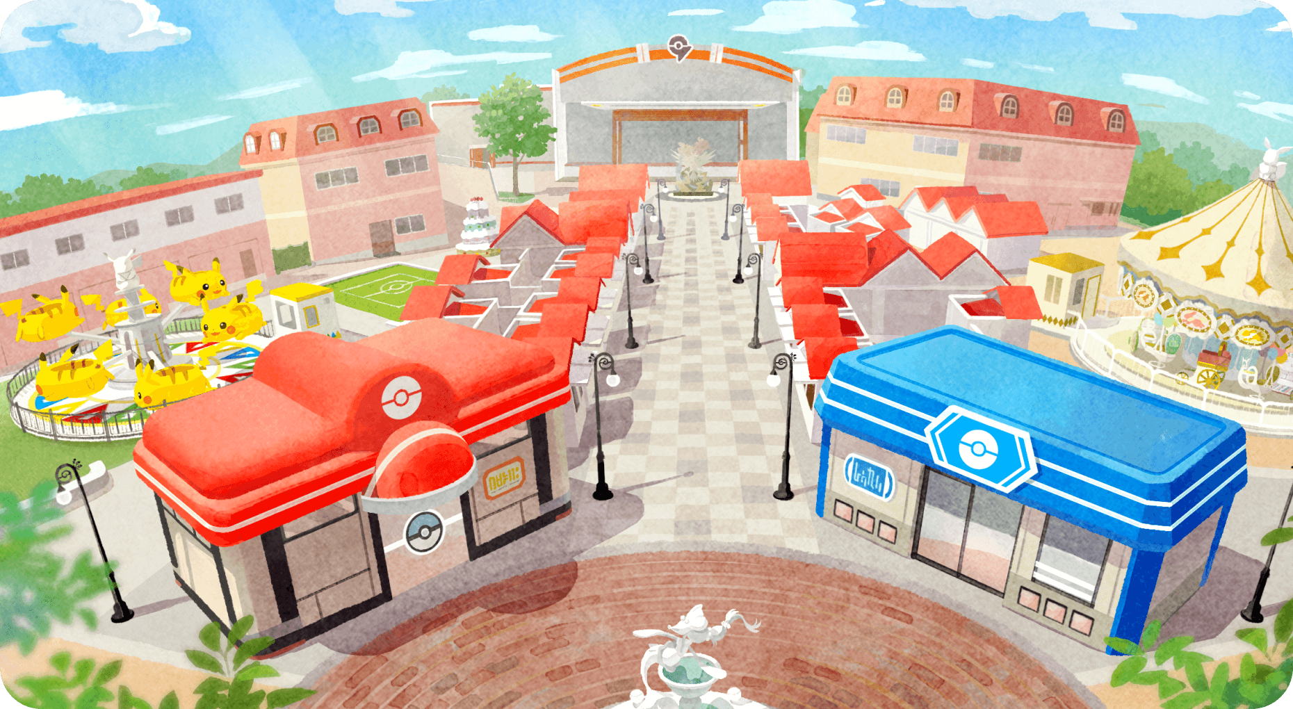 ポケパークカントーのロゴと背景に建物のイメージ画像
