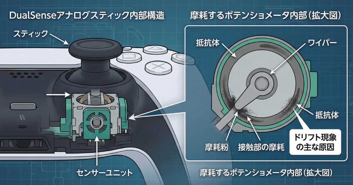 DualSenseコントローラーのアナログスティック内部構造と摩耗パーツの拡大図