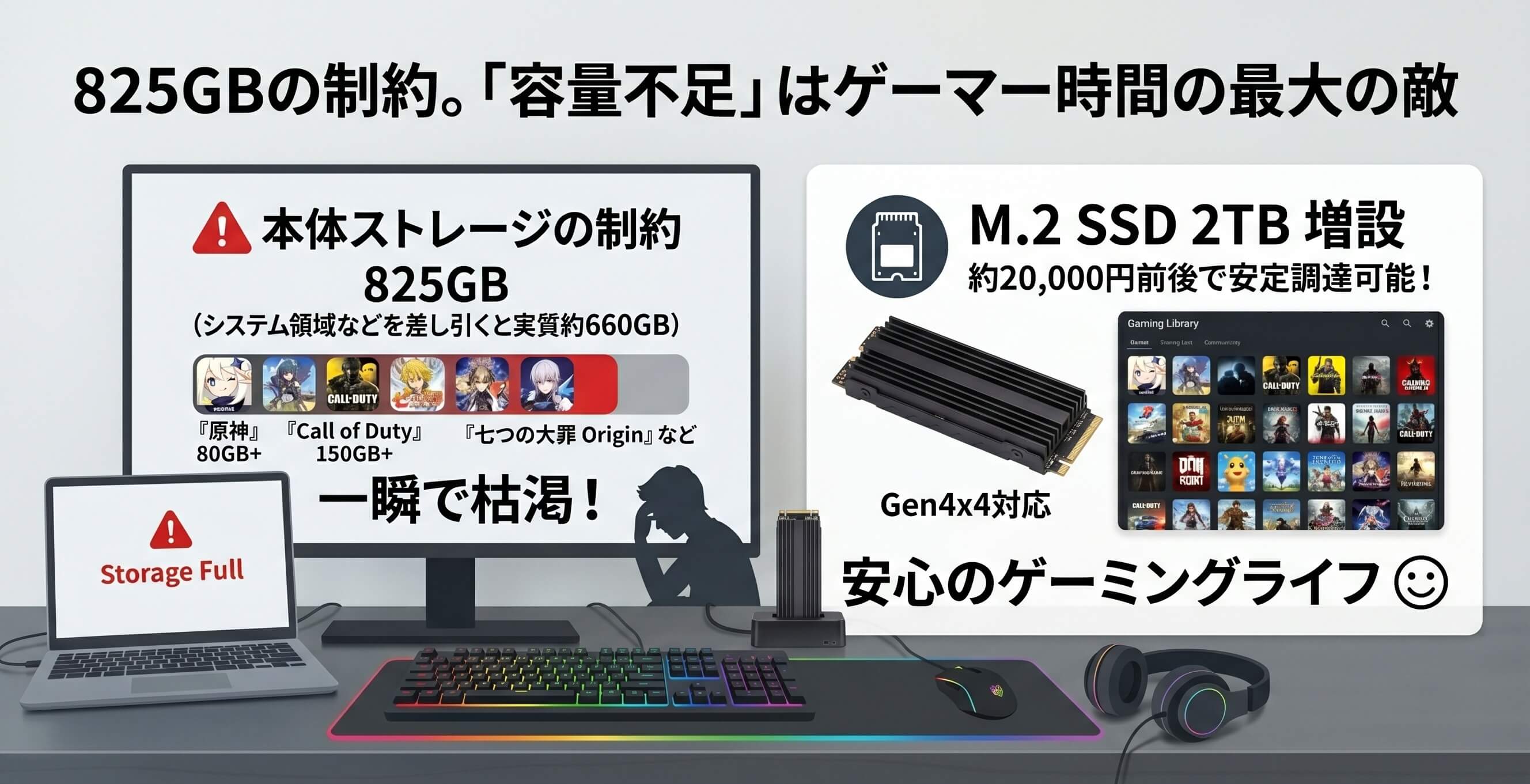 容量不足を警告するPS5のストレージ管理画面と大容量M.2 SSDの対比図解