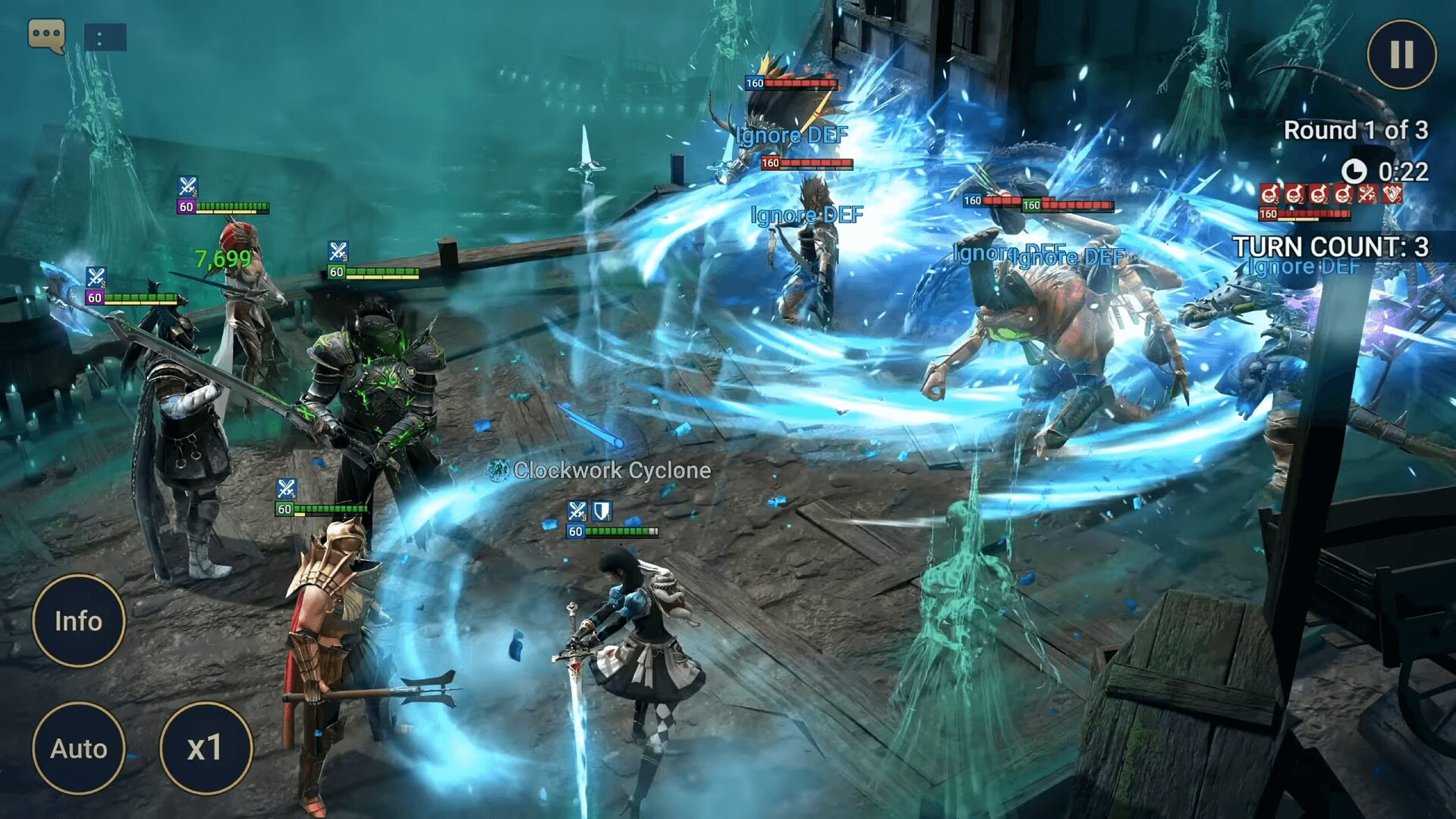 Raid Shadow LegendsのPC版での迫力あるバトルシーンの画像。鮮明なエフェクトと滑らかな動きが特徴。