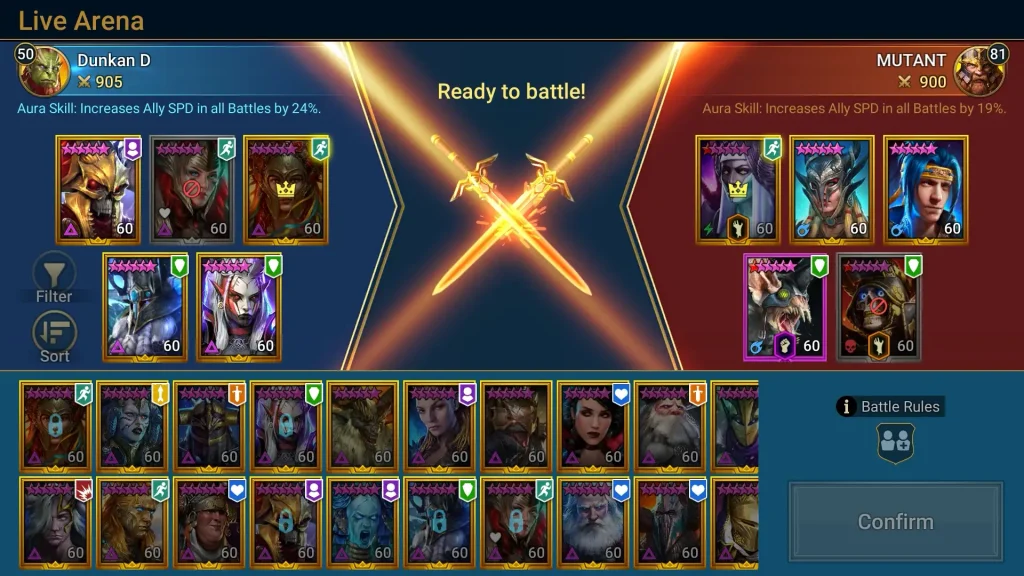 Raid Shadow Legendsの英雄選択画面の画像。多種多様な英雄と育成要素が示されている。