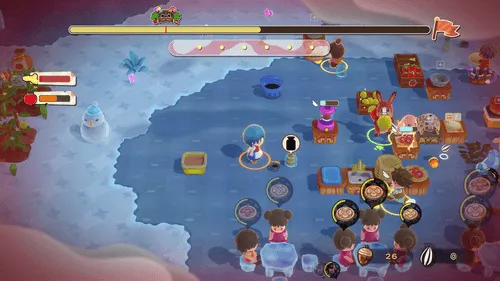 『リップルアイランド カイルとキャルのレストラン』で、キッチン、ホール、ファーマーに分かれて協力するプレイヤーたち。Nintendo Switch 2版の16人協力プレイの様子。