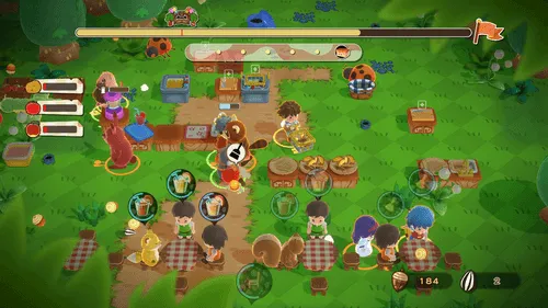 『リップルアイランド カイルとキャルのレストラン』の賑やかなクッキングアクションの様子。最大16人で協力プレイが楽しめるNintendo Switch 2版の魅力。