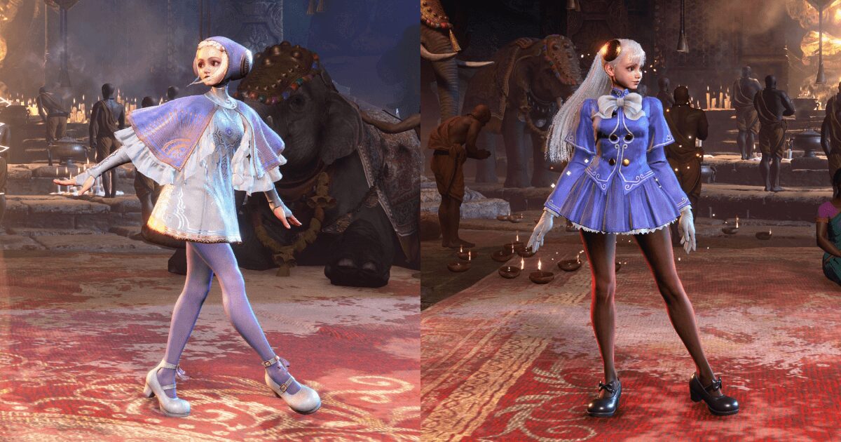 1200:730比率。イングリッドのOutfit2とOutfit3のシルエット対比と配信日を示す図解。下部100pxは純白スペース。