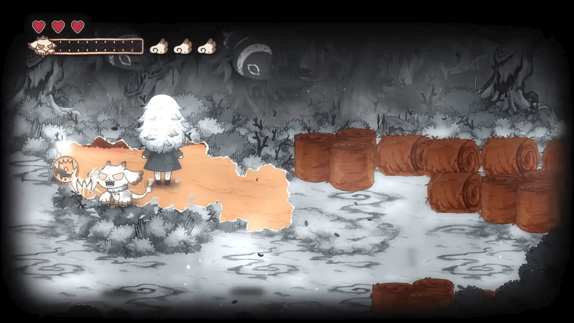 シニガミ姫と異書館ノ怪物のシステム「紙喰い」で怪物がモノクロの壁を食べるゲーム画面