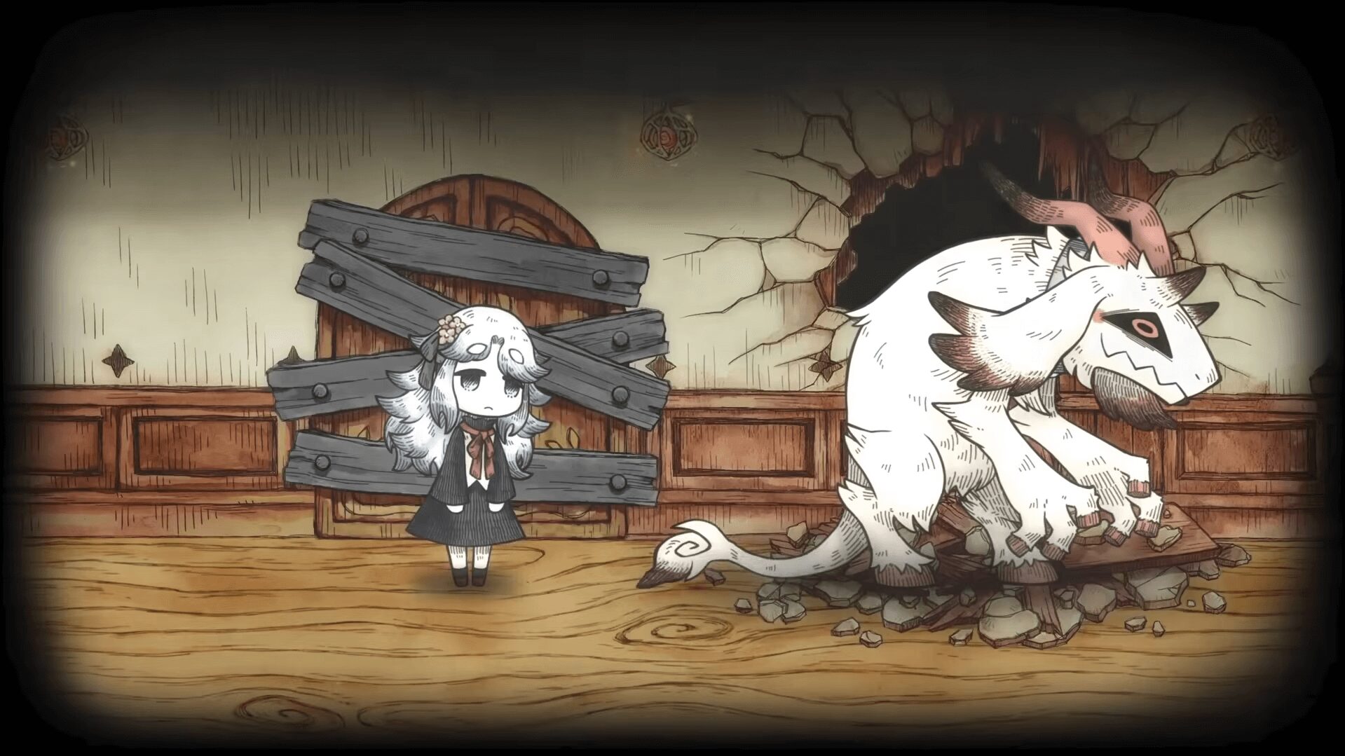 シニガミ姫と異書館ノ怪物の主人公モノと怪物メェルが契約を交わす場面のイラスト