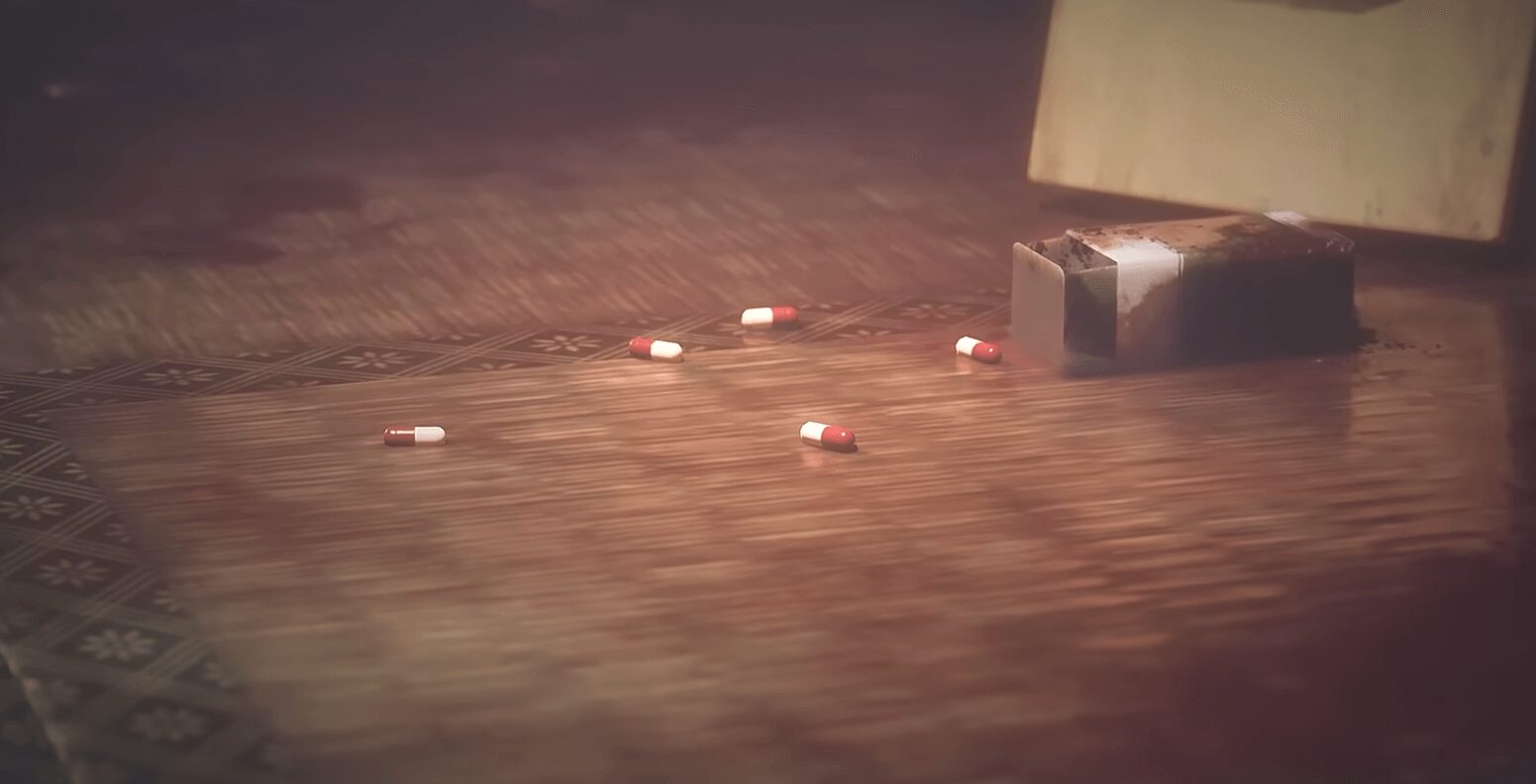 SILENT HILL fのアップデートで2周目以降の赤いカプセルが削除され、エンディング条件が緩和されたことを示すゲーム画面のイメージ