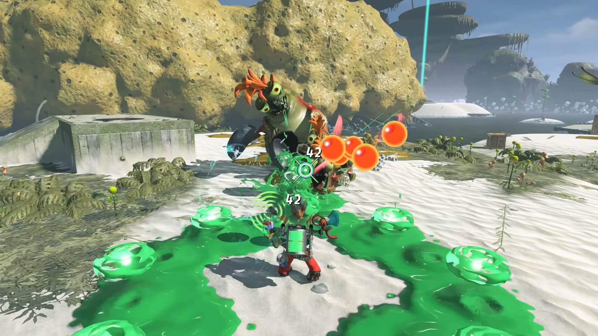 ワイルドなシャケに立ち向かうメカニックとガジェットの激しい戦闘シーン