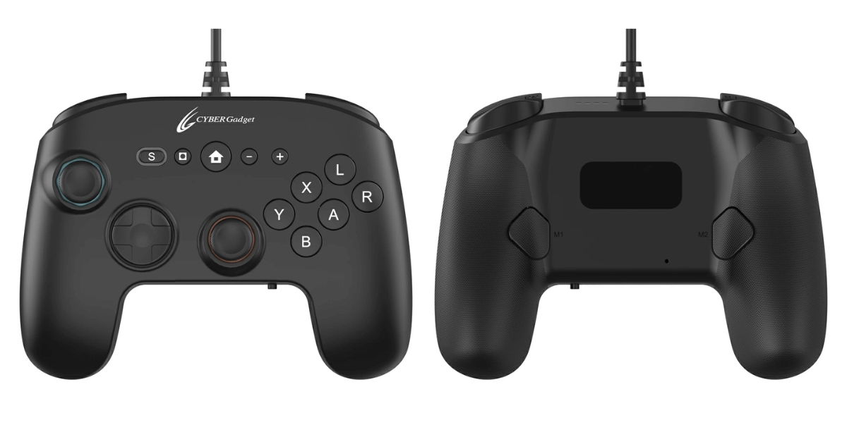 CYBER・ゲーミングコントローラー 6B 有線タイプの外観。ブラック、ブルー、レッドの3色で、天面に6つのボタンが配置され、Switch2/Switch/PCに対応する高性能なゲーミングコントローラー