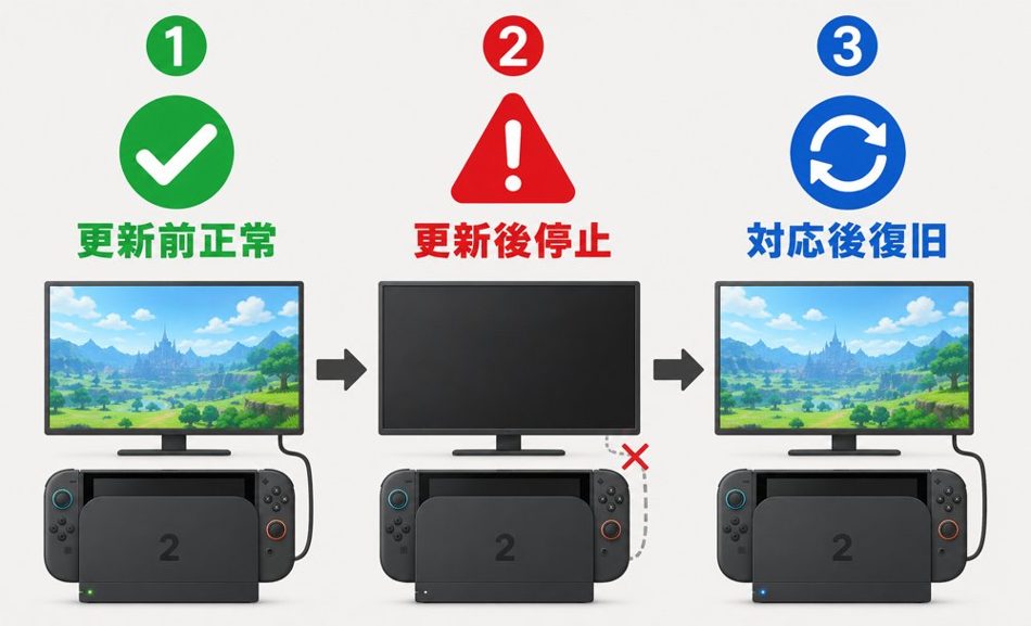 Switch2アップデート前後でのサードパーティ製ドック動作状況の変化を示すタイムライン図