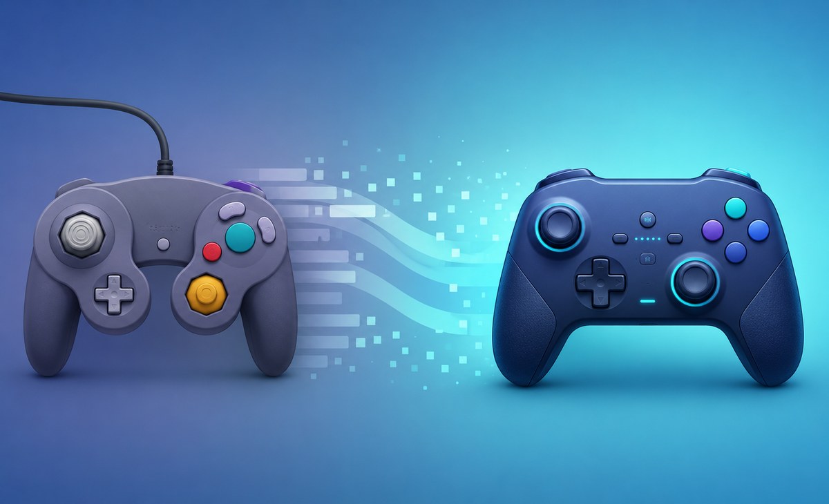 旧型ゲームキューブコントローラーから新型ワイヤレスコントローラーへのイメージ