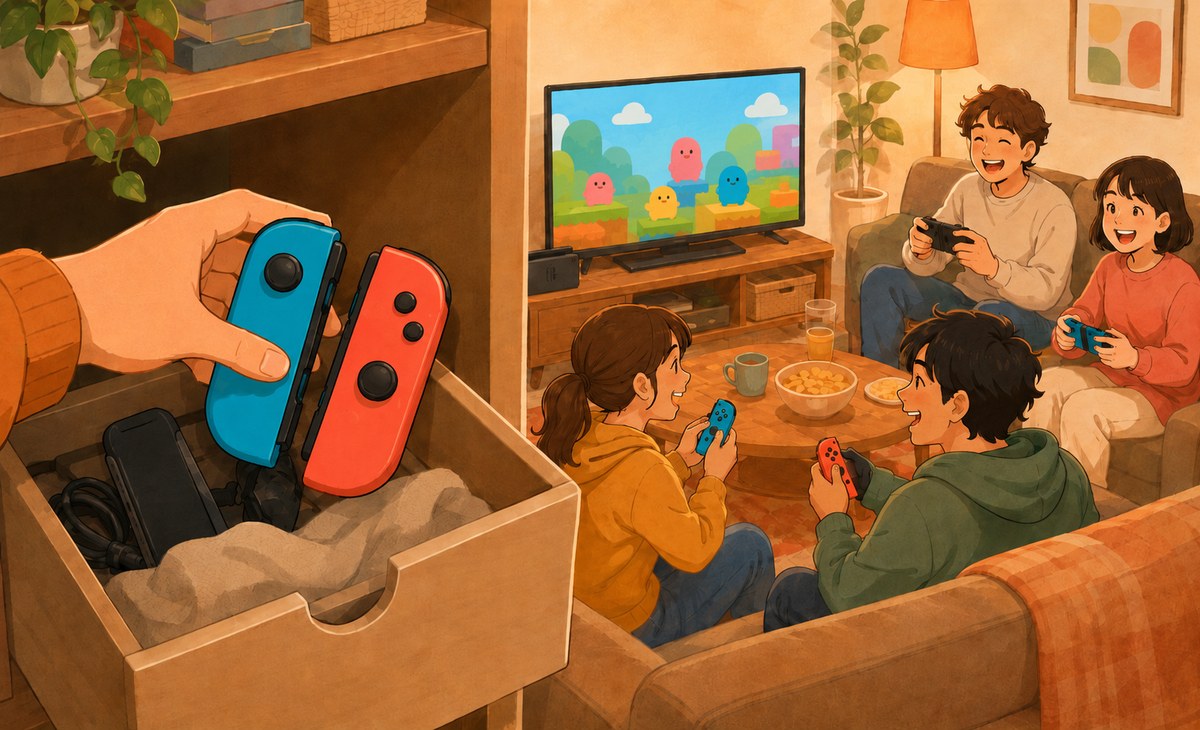引き出しにしまってあったJoy-Conを取り出してテレビの前で使うイメージ