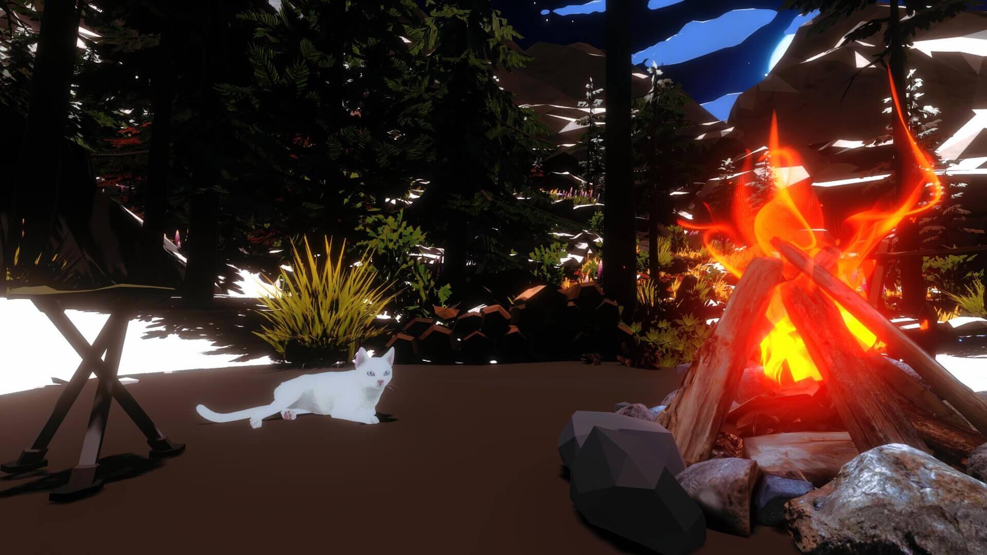 PC画面でたき火を囲む数匹の猫が描かれた『たき火と猫』のゲームプレイ画面。炎が揺らめき、癒し効果のある雰囲気が伝わります。