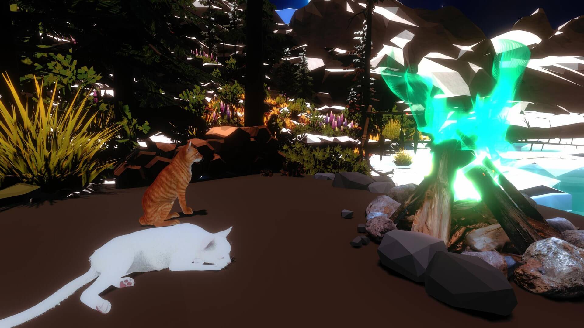 焚き火の周りに様々な種類の猫たちが集まっている『たき火と猫』のゲーム画面。暖かさに誘われて猫たちが癒しを与えてくれる様子を表しています。