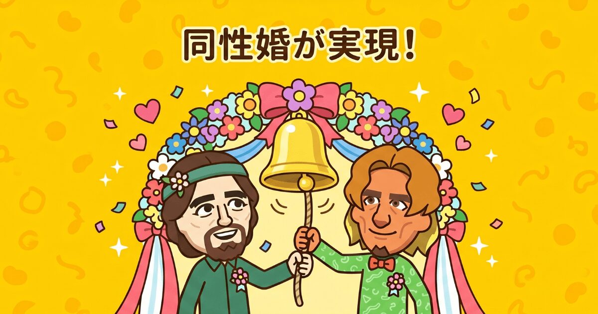 同性Mii同士が仲良くウェディングベルを鳴らすシーン