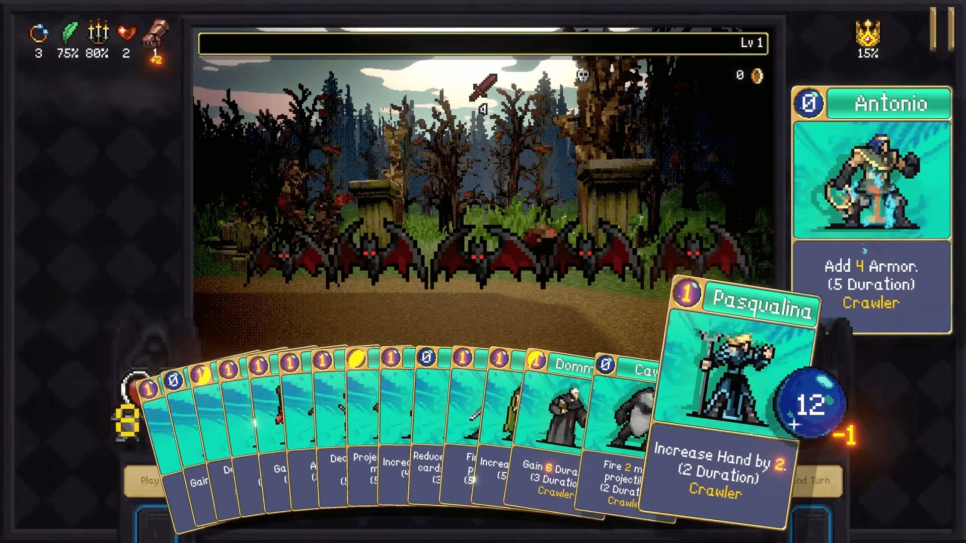 Vampire Crawlersに登場するカードの一例。ヴァンサバのキャラクターや武器をモチーフにしたデザイン。