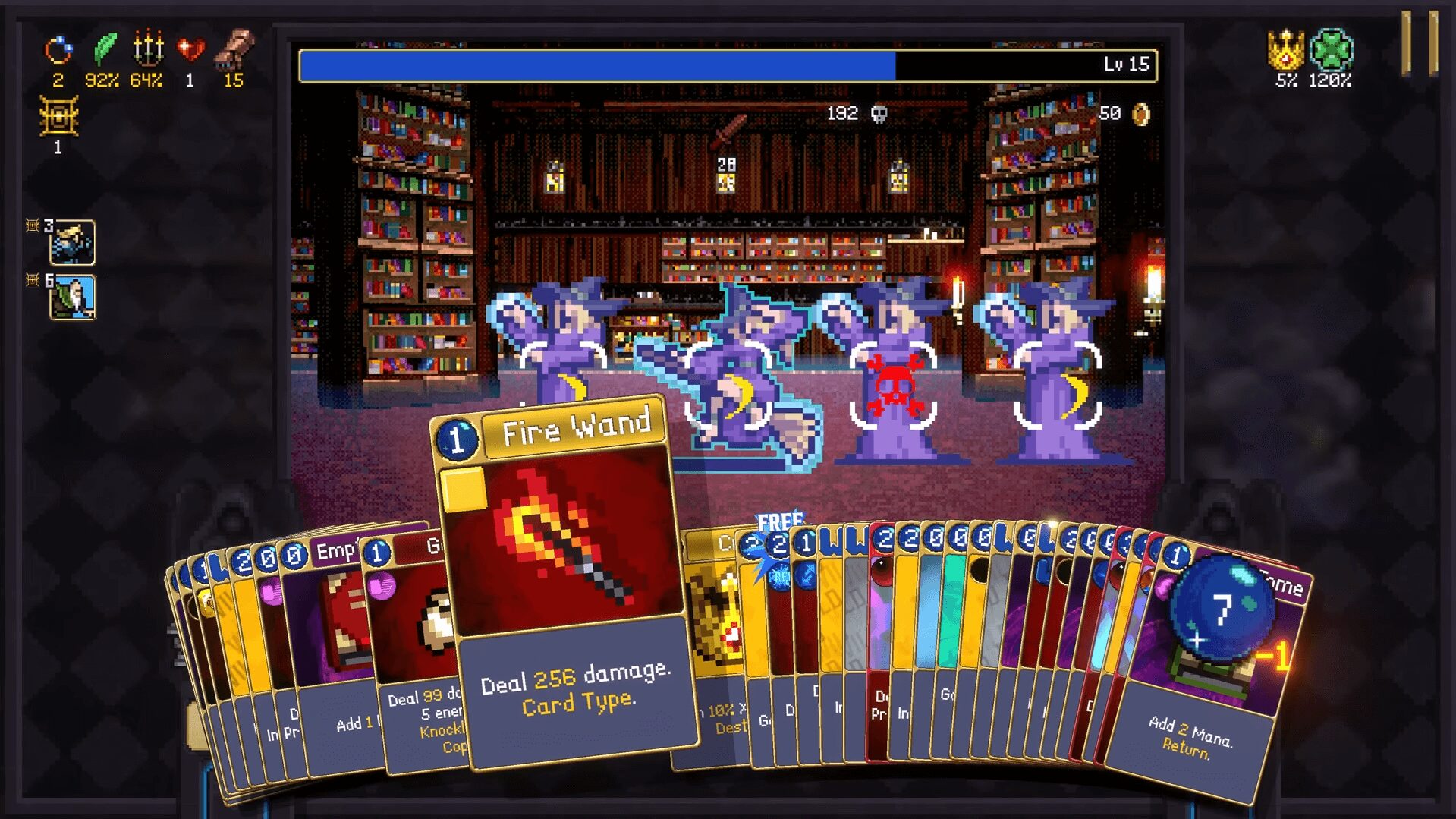 Vampire Crawlersのゲームプレイスクリーンショット。ターン制バトルでカードが使用されている様子。