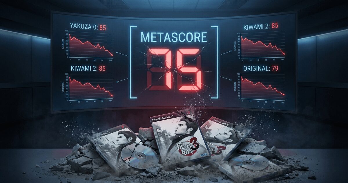 メタスコア75点という厳しい現実を示すデータ画面と崩れかけたゲームソフトの山